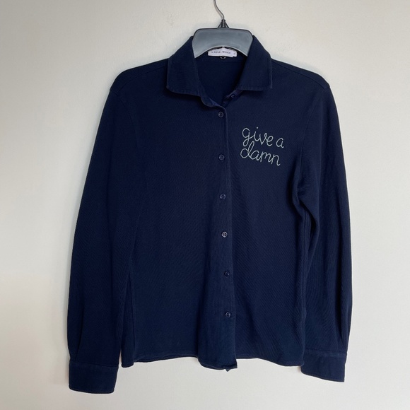 Lingua Franca Tops - Lingua Franca ‘Give a Damn’ Button Down Navy Cotton Polo Long Sleeve Shirt Sz L